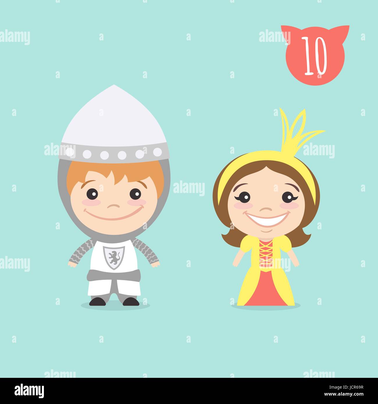 Vector illustration of two happy cute kids characters. Boy in Knight costume and a girl in princess costume. Stock Vector