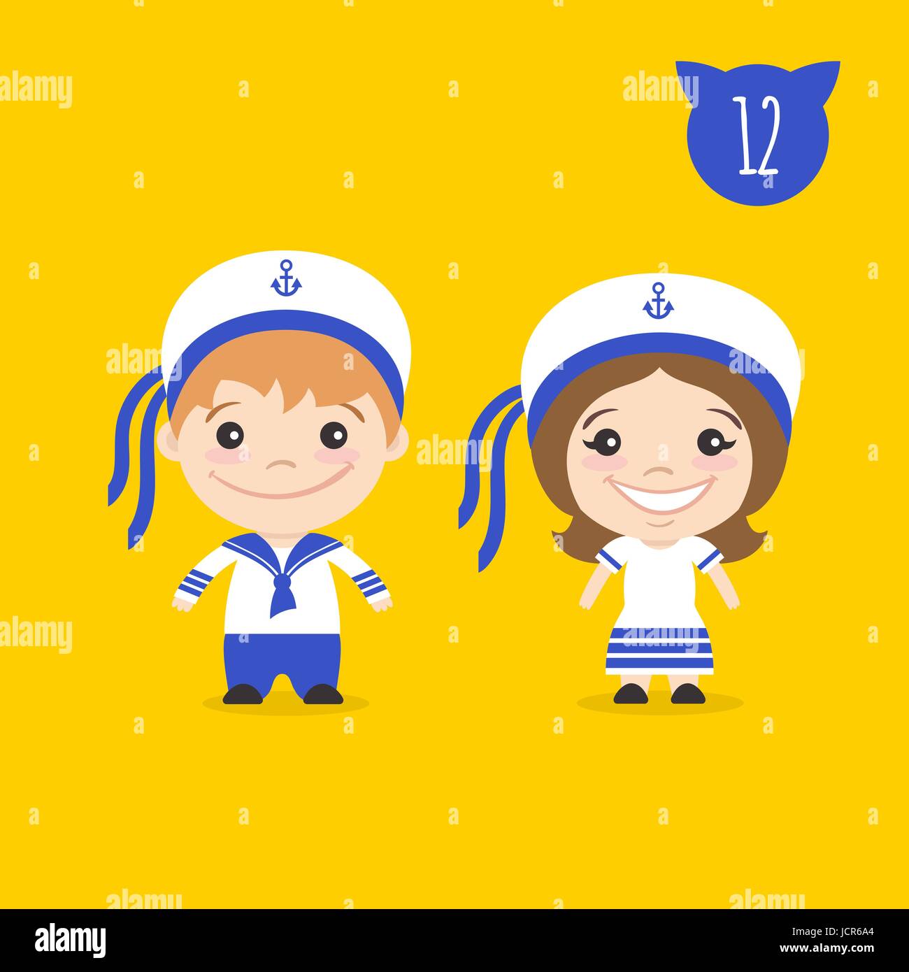 Vector illustration of two happy cute kids characters. Boy and girl in sailors costumes. Stock Vector