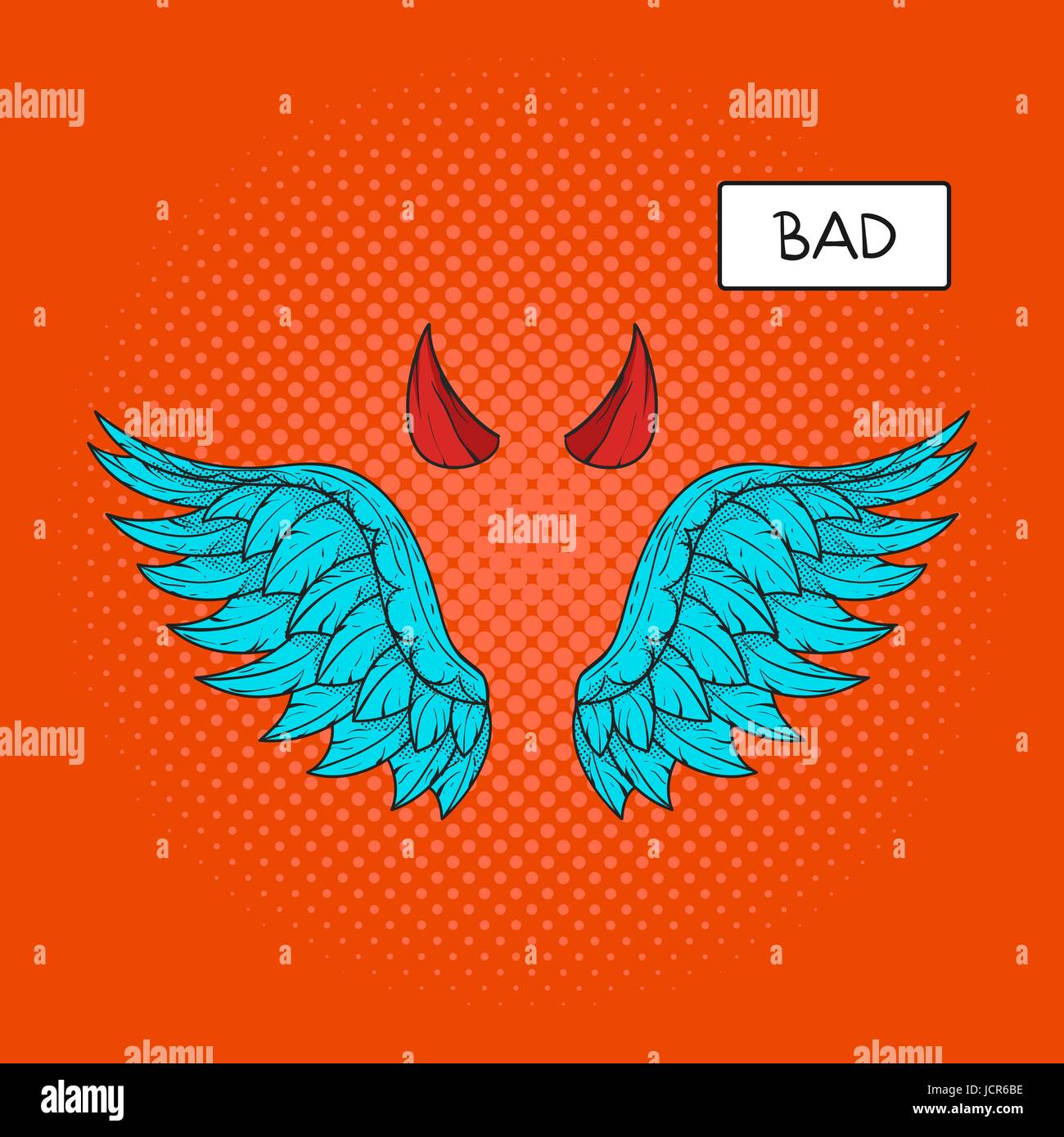 Vector hand drawn pop art illustration of devil wings and devil horns at the top. Retro style. Hand drawn sign. Illustration for print, web. Stock Vector