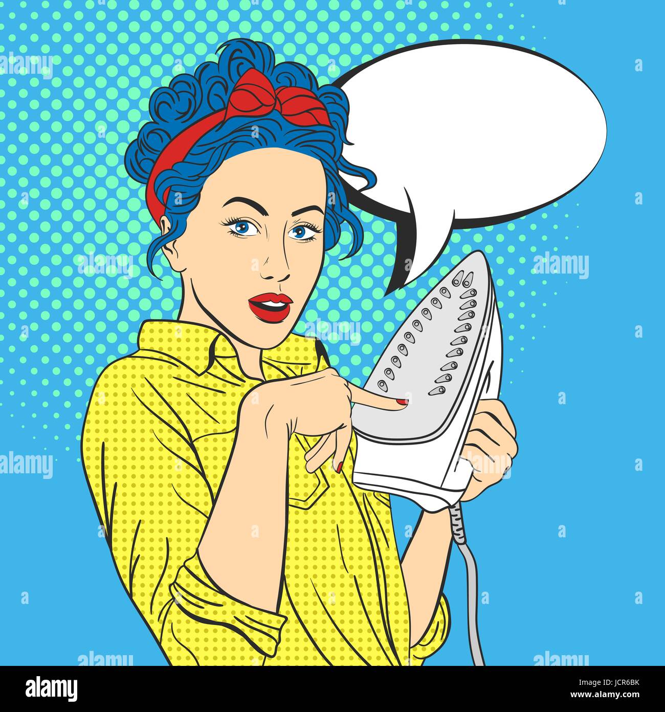 Vector illustration of pop art beautiful young surprised woman with iron. Retro Style. Woman touches hot iron with her finger. Empty Stock Vector