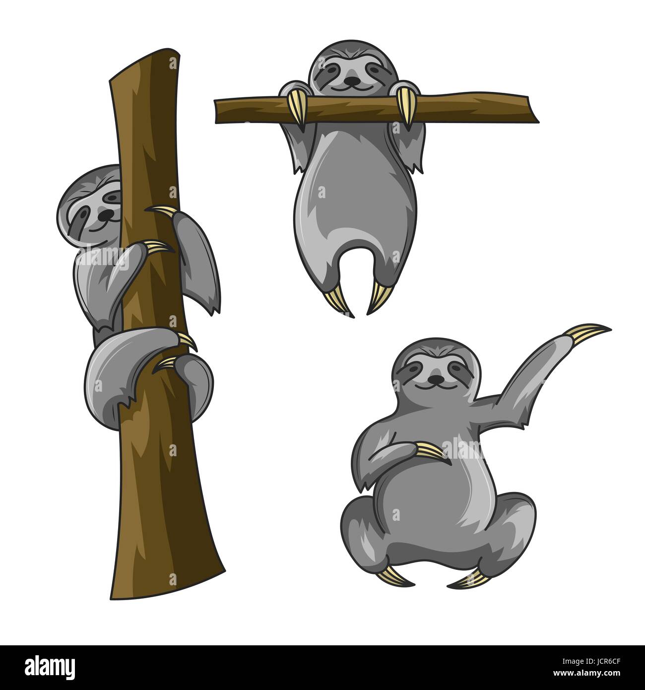 Vector set of cute sloths. Cartoon style. Sloth print for t-shirt. Vector art or poster. Happy sloth climbing on the tree. Sloth hanging on a the tree Stock Vector