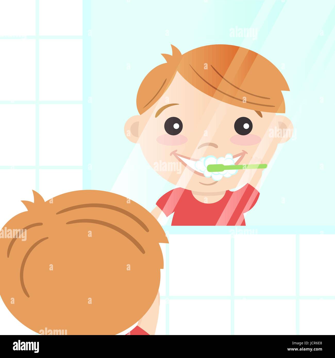 Vector illustration of happy cute boy cleaning his teeth with