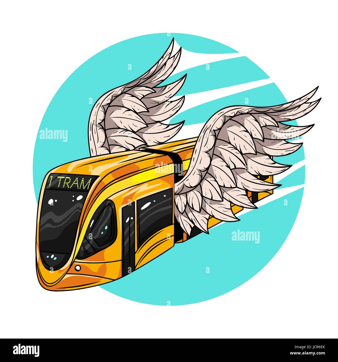 Vector hand drawn illustration of modern tram car with wings. Concept of fast transport. Illustration for print, web. Stock Vector