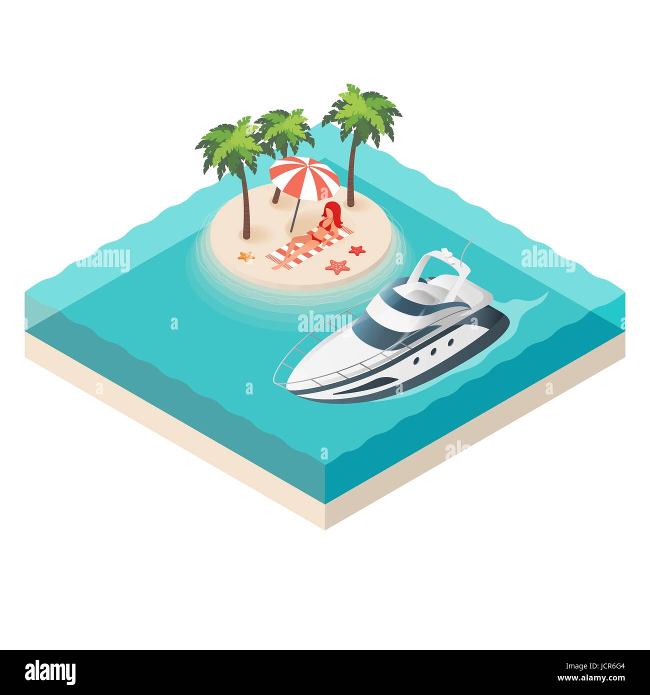 Vector illustration of isometric yacht and tropical island. Beautiful ...