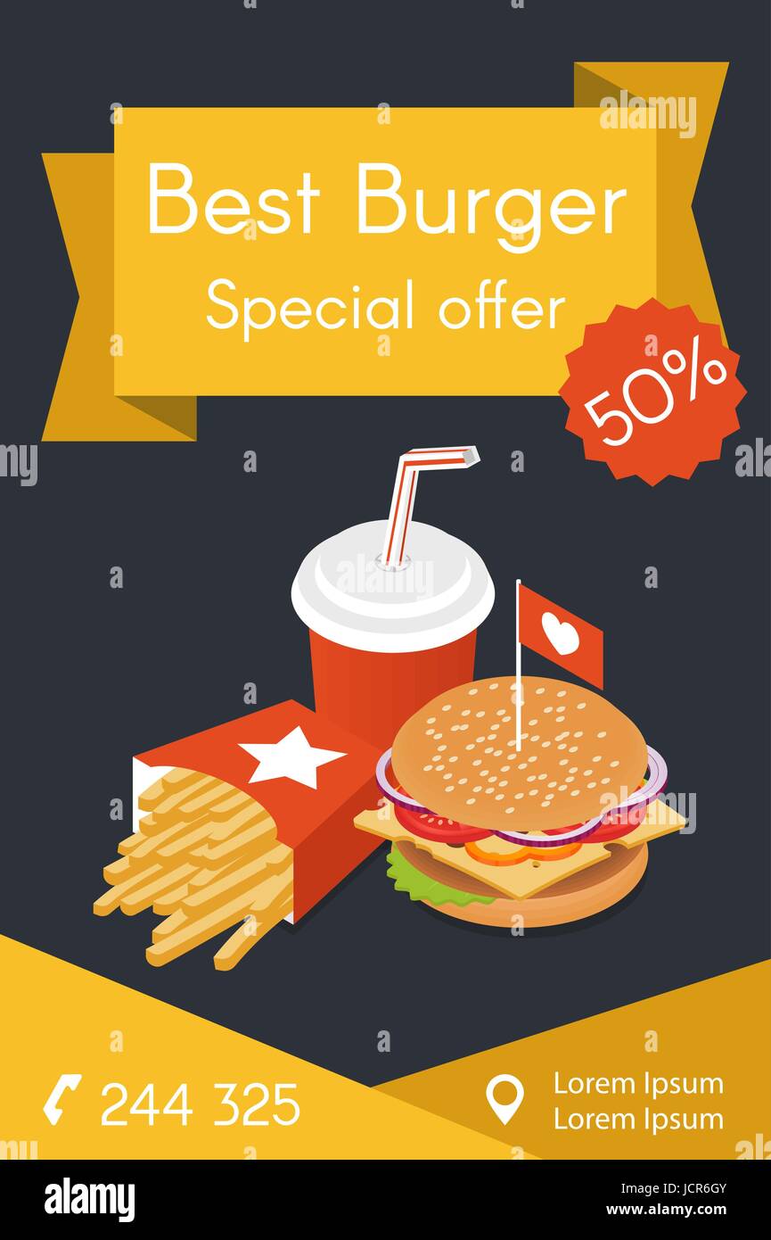 Vector template for flyer or advertisement. Vector illustration of isometric food: burger, French fries and cola. Fast food concept. Stock Vector