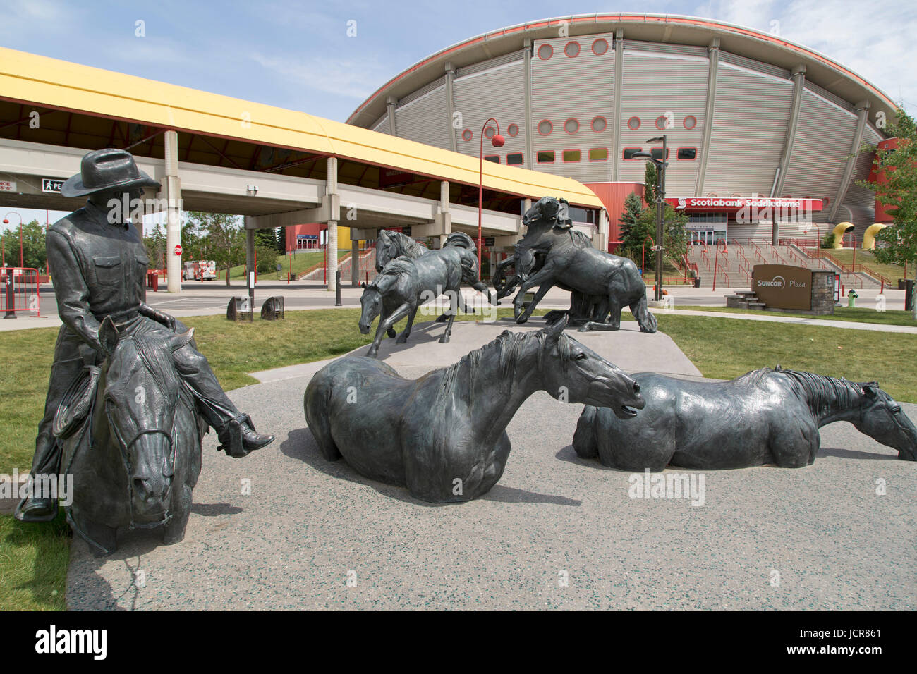 Equine statue by the Scotia Saddledome at the Calgary Stampede grounds in Calgary, Canada. The statue depicts the Western heritage of Alberta. Stock Photo