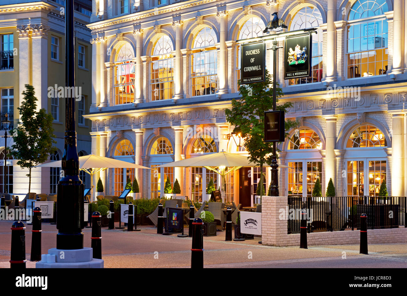 The Duchess of Cornwall Inn, at night, Poundbury, Dorset, England UK