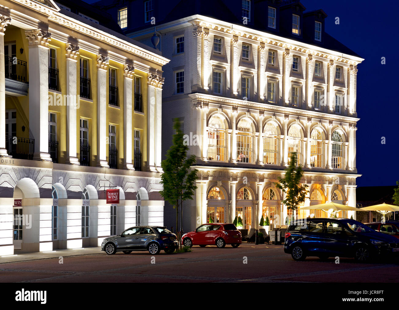 The Duchess of Cornwall Inn, at night, Poundbury, Dorset, England UK