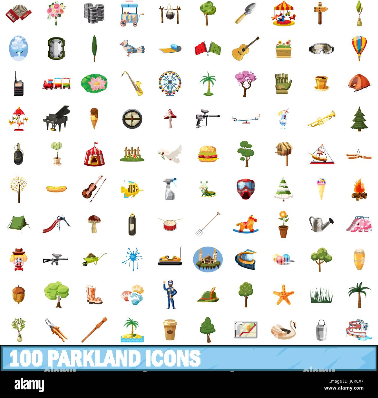 100 parkland icons set, cartoon style Stock Vector