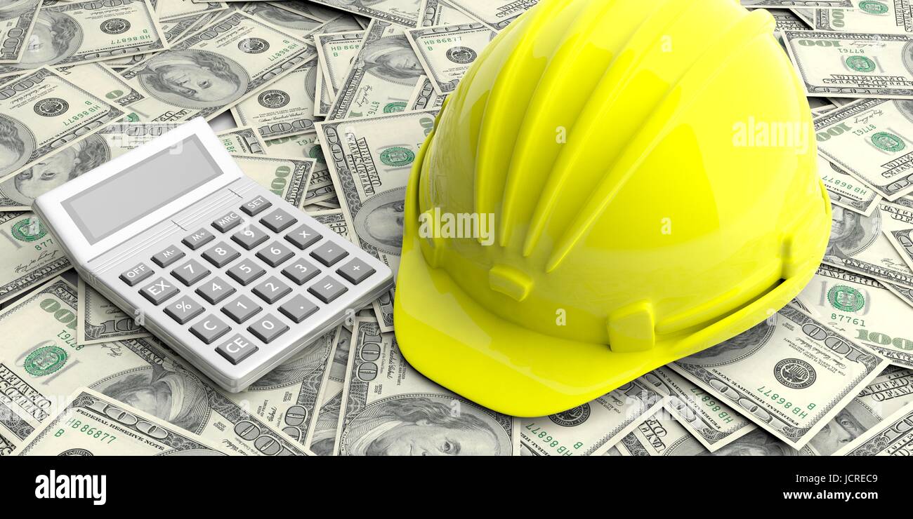 Construction cost concept. Hard hat and calculator on dollars banknotes