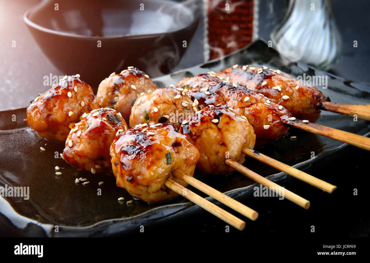japanese meatball grill or tsukune cooked with teriyaki sauce ready to