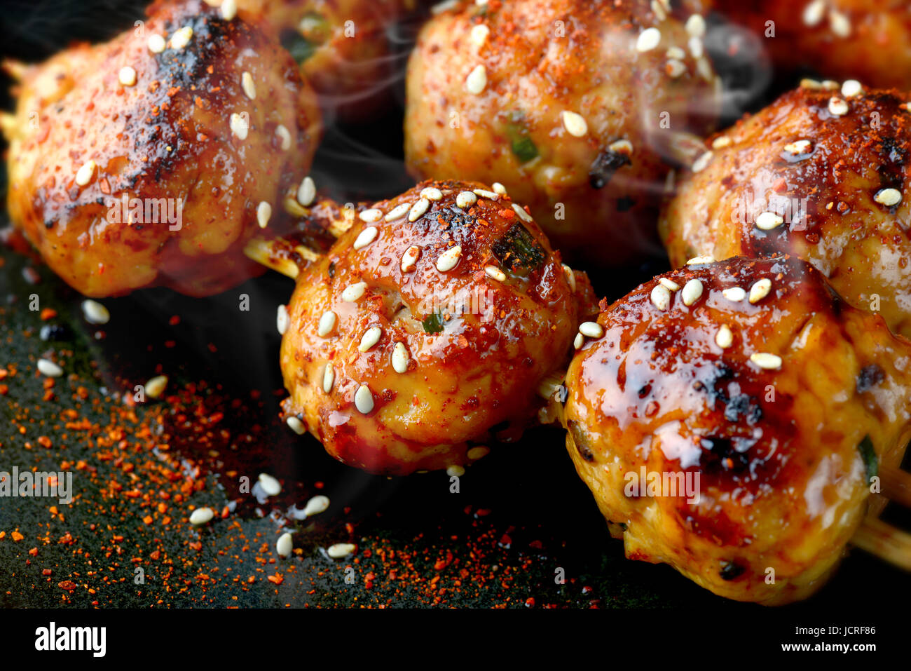 japanese meatball grill or tsukune cooked with teriyaki sauce ready to