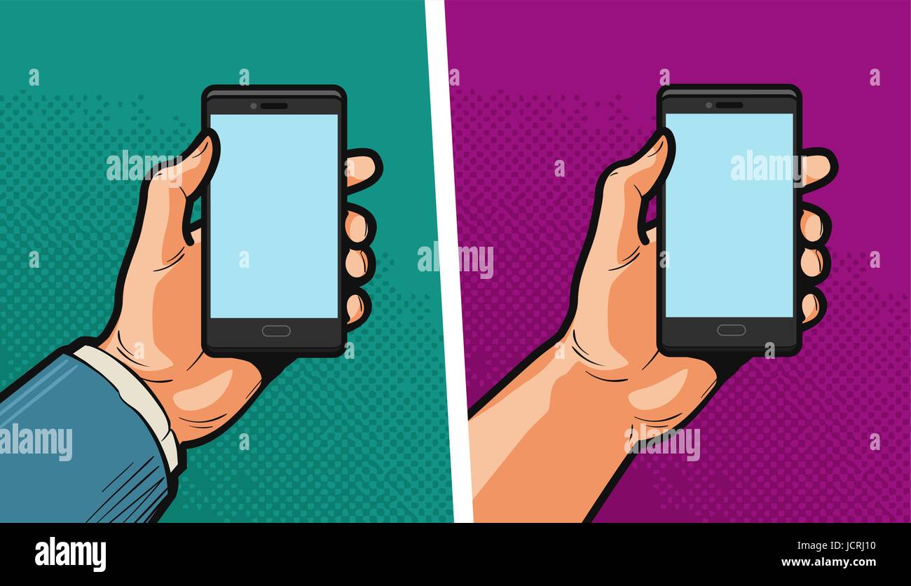 Smartphone, mobile phone in hand. Comics style design. Cartoon vector illustration Stock Vector