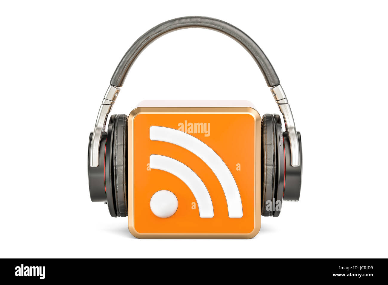 Headphones with RSS logo podcast, 3D rendering Stock Photo