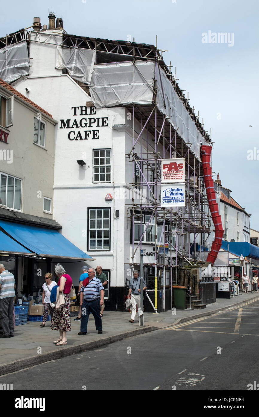 The famous Magpie Fish Cafe at Whitby, North Yorkshire, UK. Partly destroyed by a fire in Spring 2017. Stock Photo