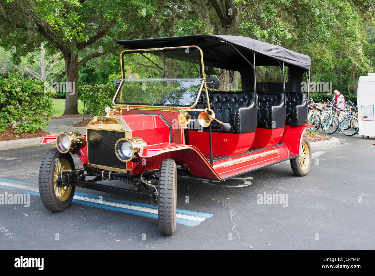 Vintage taxi car used for sightseeing tours around the town of Celebration in Florida. Stock Photo