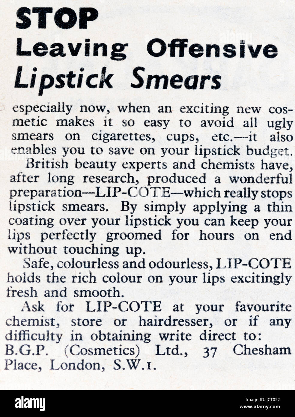 A 1950s magazine advertisement advertising Lip-Cote or Lipcote cosmetic lipstick sealer Stock Photo