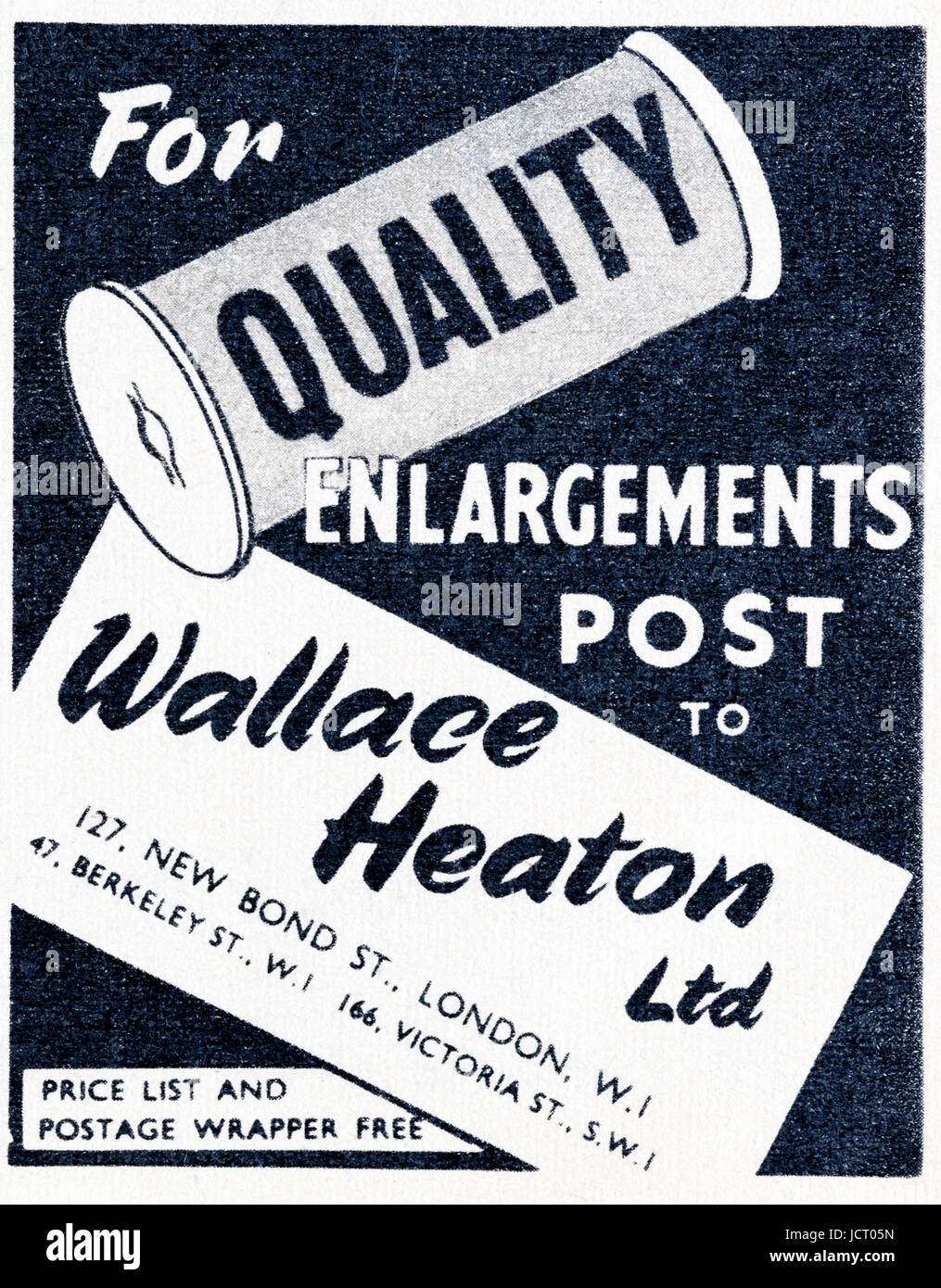A 1950s magazine advertisement advertising Wallace Heaton photographic processing. Stock Photo
