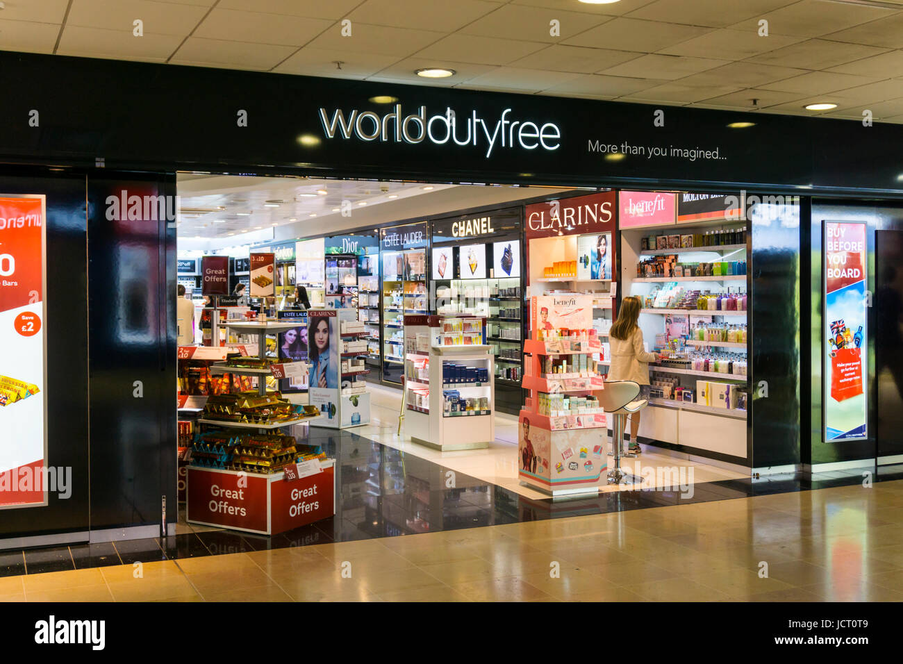 World Duty Free duty free shop at the Eurotunnel terminal in Folkestone, UK Stock Photo