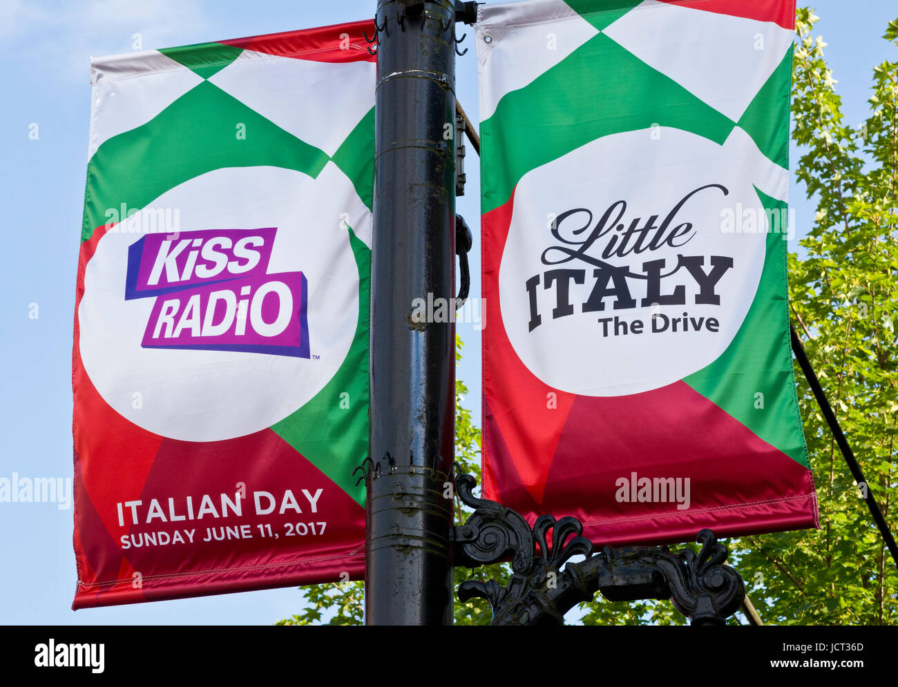 Banners on street poles at Italian Day on Commercial Drive, 2017.  In the Little Italy neighbourhood of Vancouver. Stock Photo