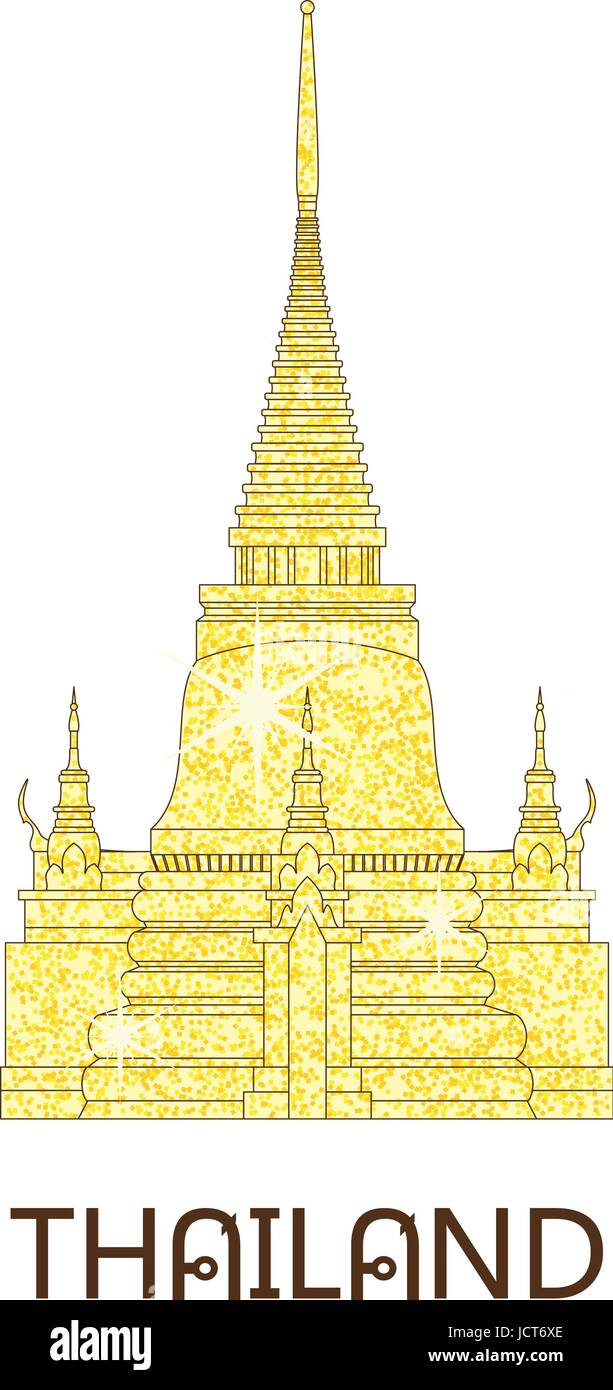 Buddhist wat temple in Bangkok Thailand on the golden glitter travel landmark vector illustration Stock Vector