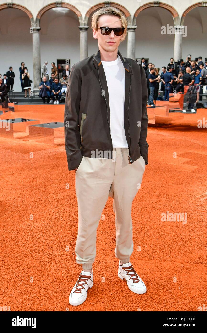 Milan Men s Fashion Week Spring Summer 2018. Milan Fashion Man Spring Summer 2018. Ermenegildo Zegna Arrival Pictured Jamie Campbell Bower Stock Photo Alamy