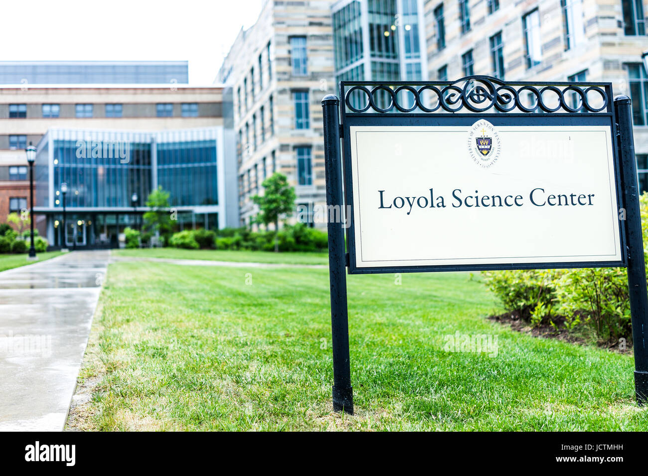 Scranton, USA - May 25, 2017: University of Scranton Loyola Science Center building with sign and entrance Stock Photo