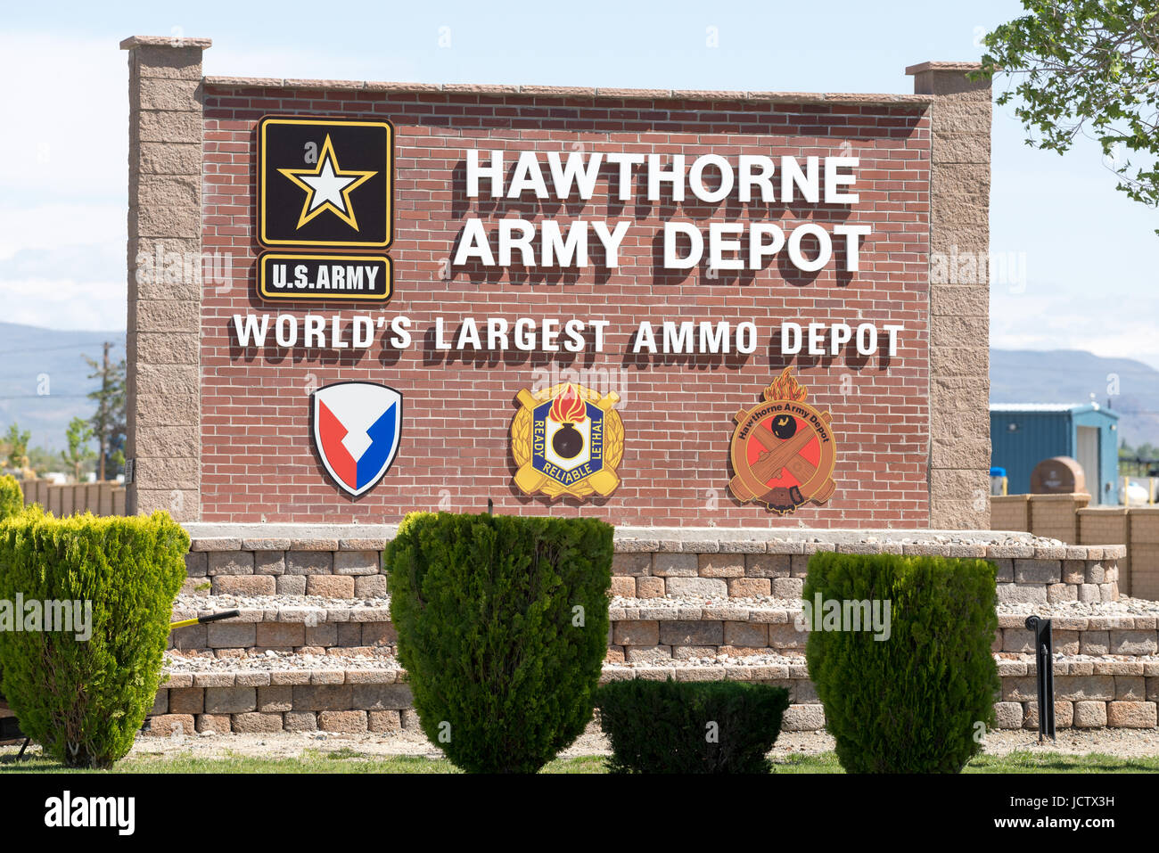 Sign at the entrance of the Hawthorne Army Depot in Nevada Stock Photo