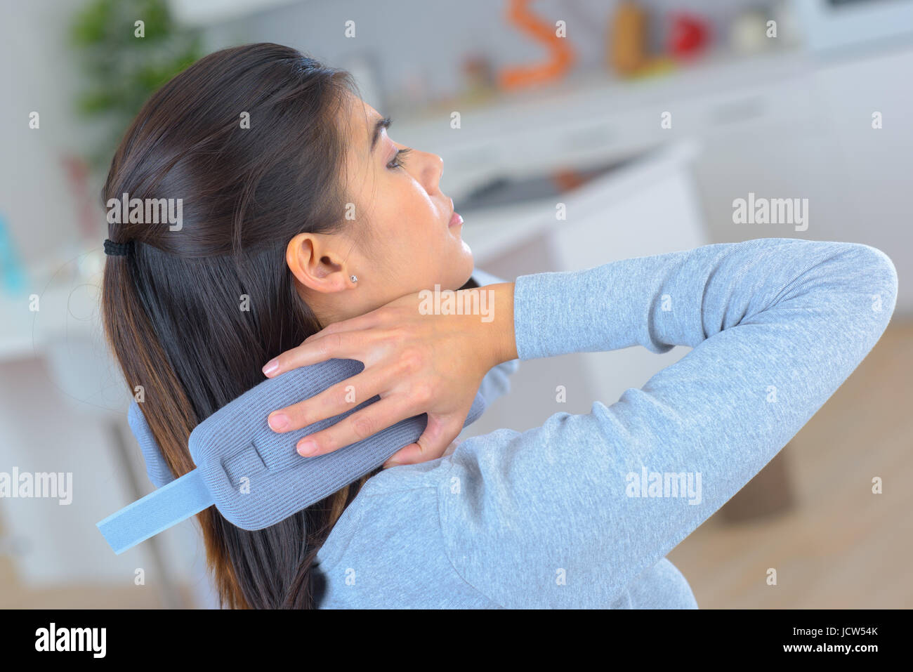 young woman wearing cervical collar Stock Photo Alamy