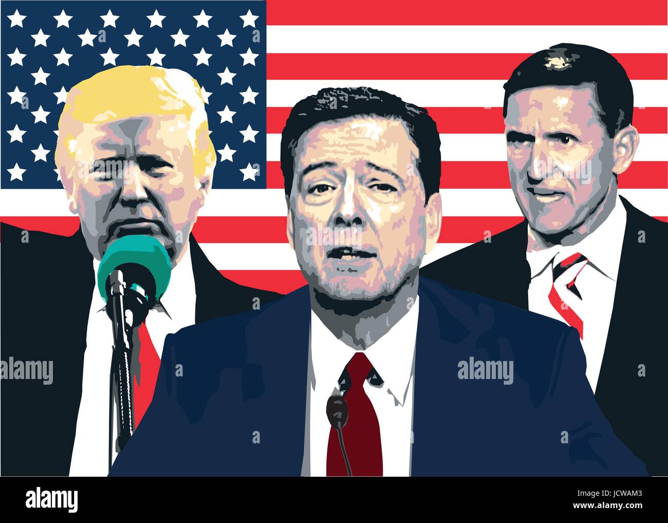 Vector illustration pertaining to James Comey's Senate Intelligence Committee hearing, and its relevance to President Donald Trump and Michael Flynn. Stock Vector