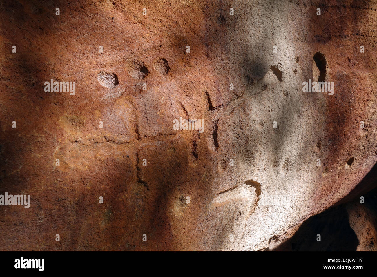 Ancient aboriginal rock engravings at emu totem site, Jowalbinna, southern Cape York Peninsula, Queensland, Australia. No PR Stock Photo