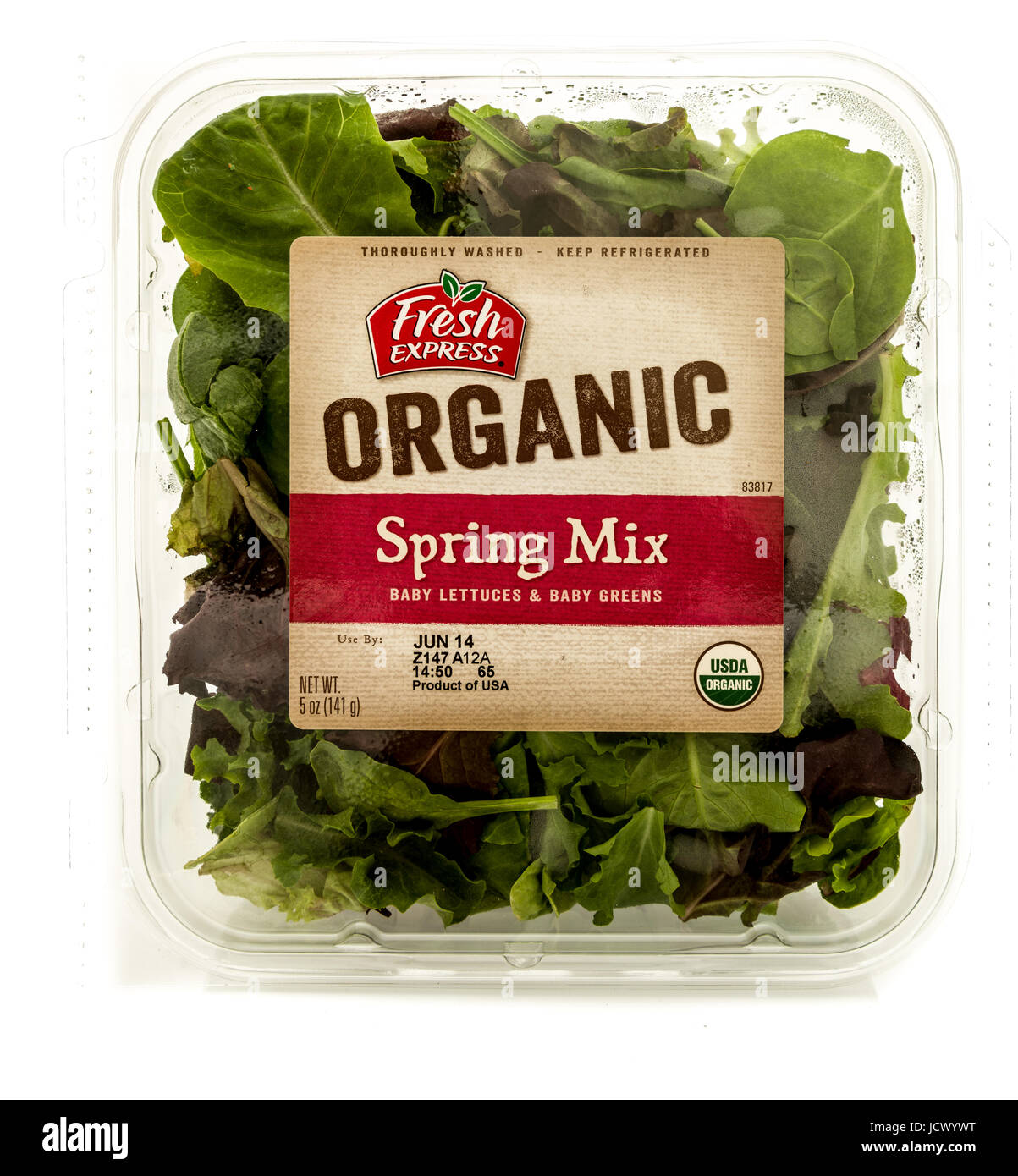 Winneconne, WI - 4 June 2017: A package of Fresh Express organic salad spring mix isolated background Stock Photo