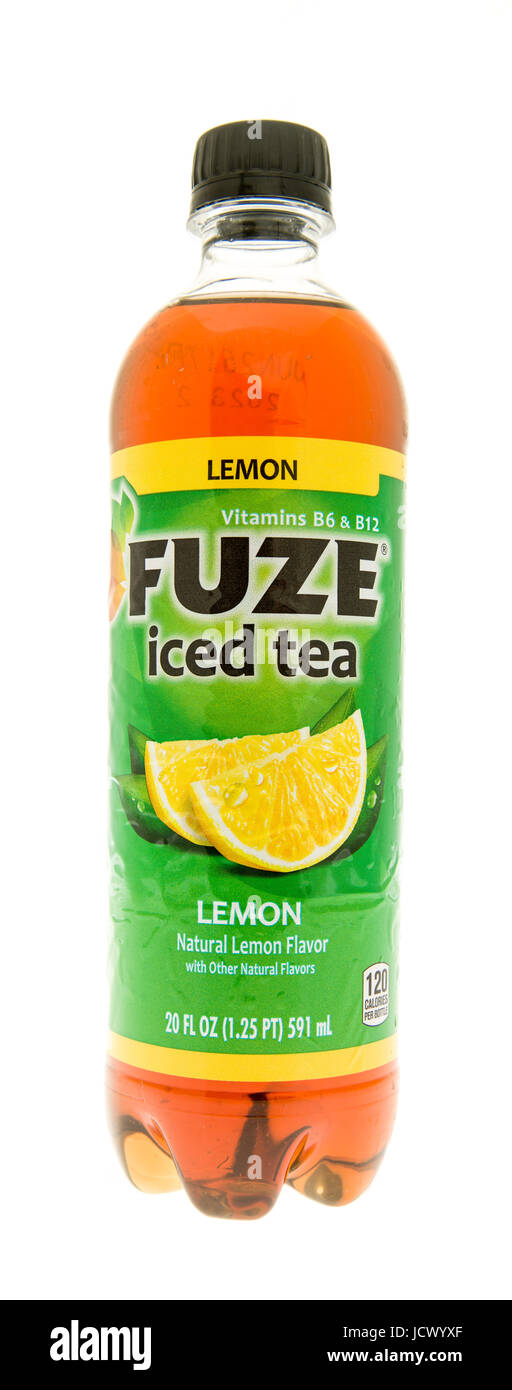 Winneconne, WI -11 June 2017: A bottle of Fuze iced tea in lemon flavor on an isolated background Stock Photo