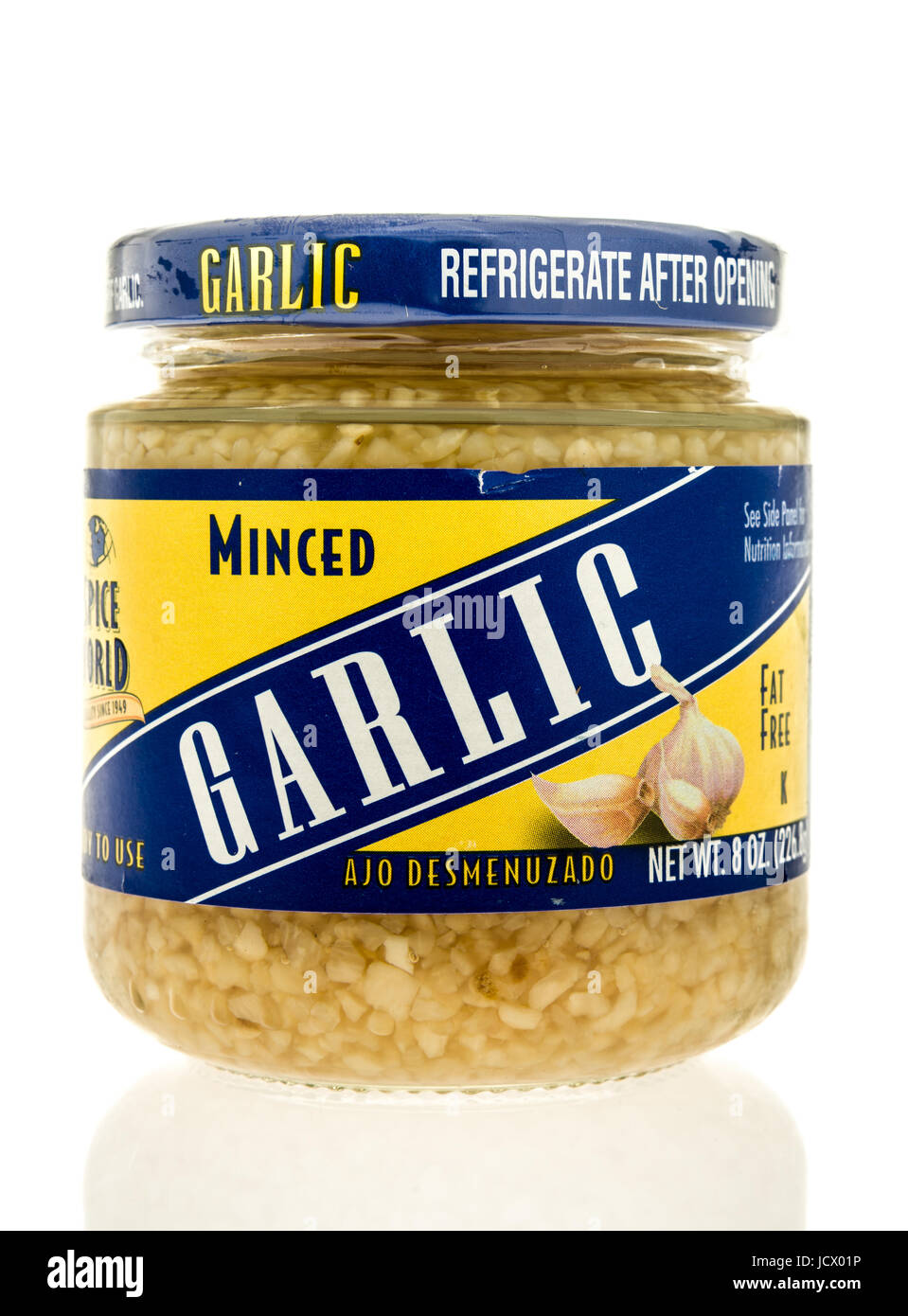 Winneconne, WI 13 June 2017 A jar of Spice World minced garlic on an isolated background Stock