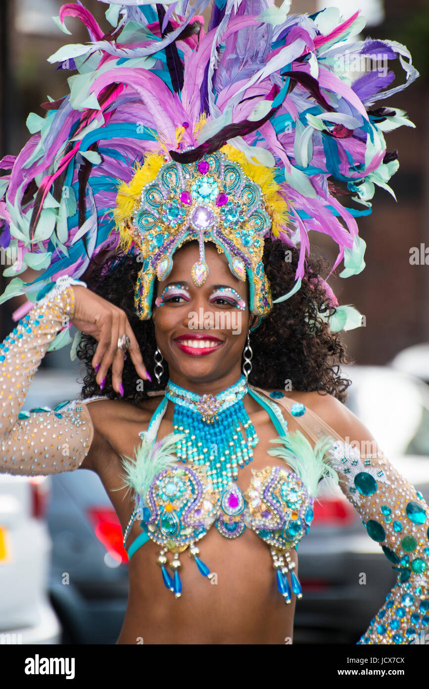 Brazilica, a month of celebrating Rio style Brazilian culture in Liverpool where dancers and Samba Reggae drummers perform during a month of carnival Stock Photo