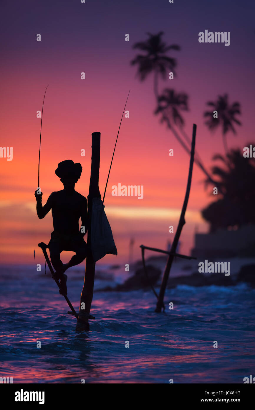 Sri Lanka's Stilt Fisherman. Fishing on stilt is very common in many Asian countries, but most of all - in Sri Lanka, in the Ahangama village. Stock Photo