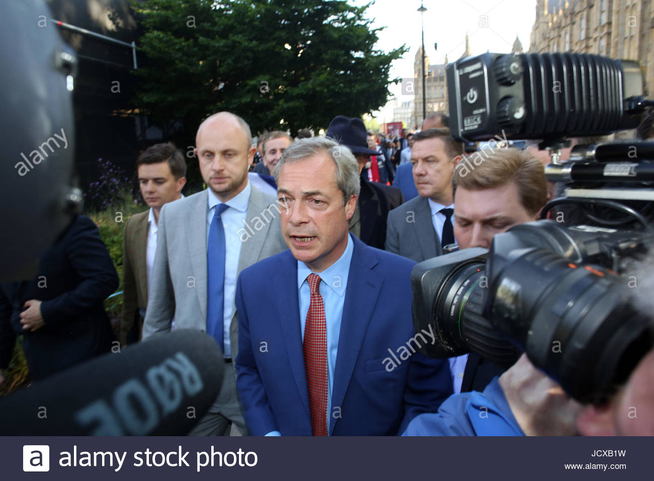 Nigel Farage speaking to the media at Westminster after the Referendum result. Credit: reallifephotos/Alamy Stock Photo