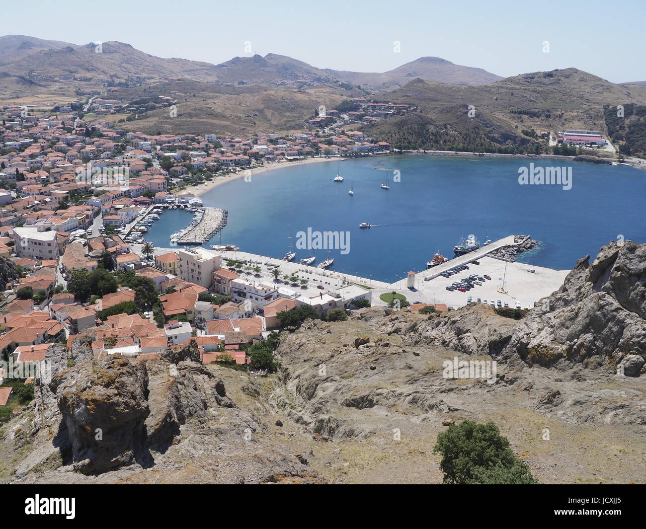 Myrina town from the castle, Limnos or Lemnos island, Greece, June 2017 Stock Photo