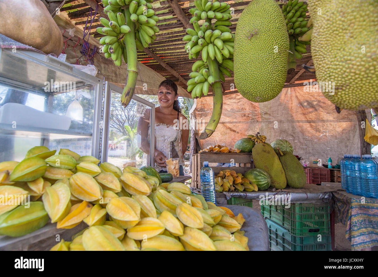 Mexican woman selling fruits in Manzanillo Colima. MEXICO Stock Photo