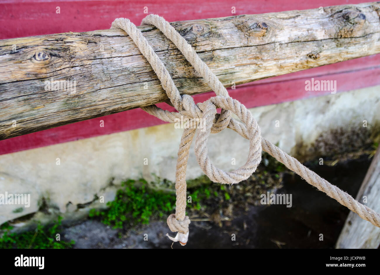 Rope tied on a worn hitching post for tethering horses Stock Photo