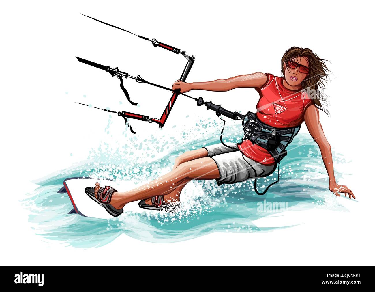 Young woman kiteboarding - vector illustration Stock Vector