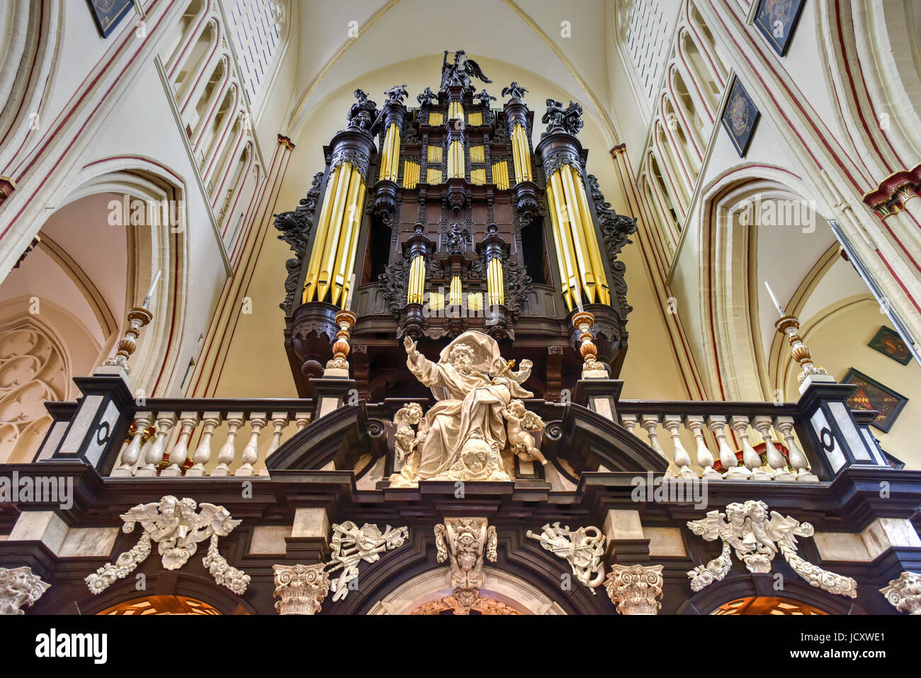 Bruges, Belgium - May 12, 2017: Saint Salvator Cathedral in Bruges, Belgium. The cathedral is dedicated to the Verrezen Zaligmaker and Saint-Donatius  Stock Photo