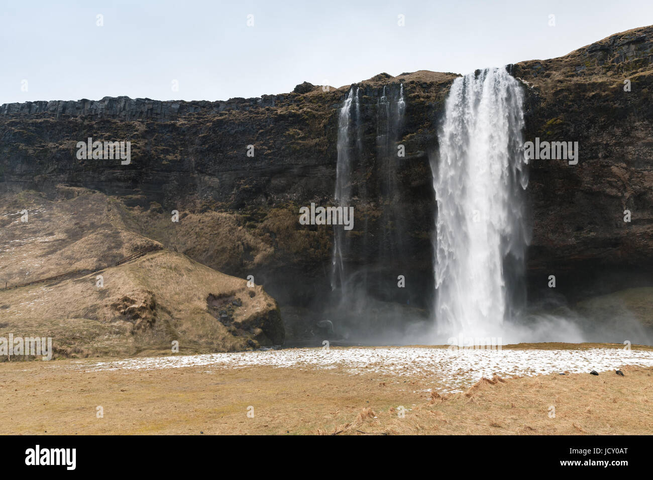 Landscape of Seljalandfoss waterfall, popular natural landmark of Icelandic nature Stock Photo