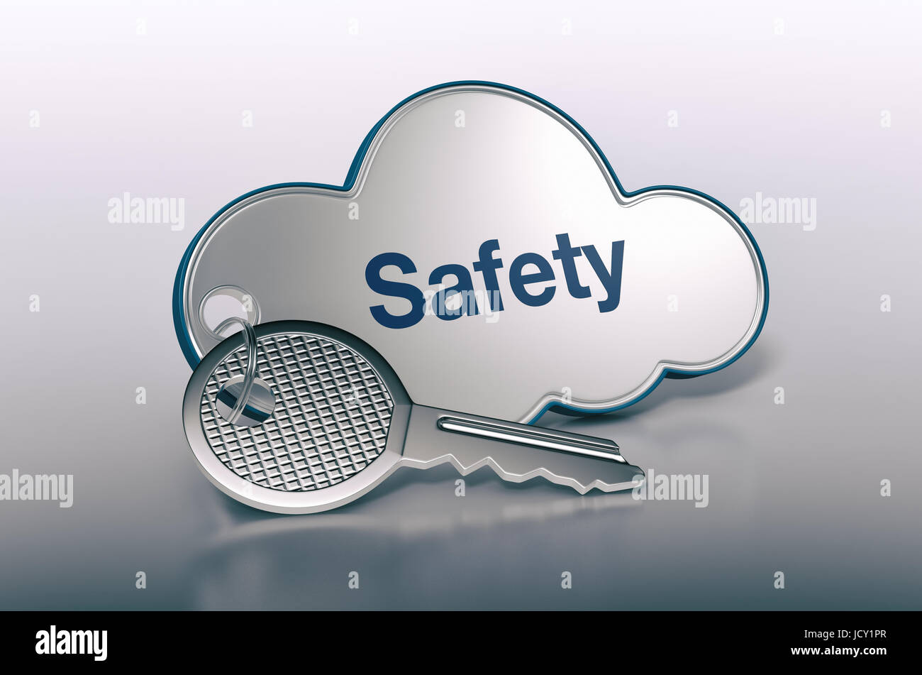 one cloud with a key and text: safety, concept of computer, web, network (3d render) Stock Photo