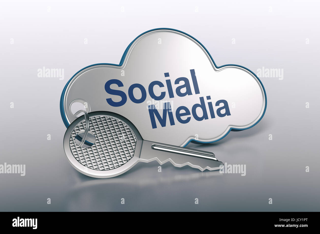 one cloud with a key and text: social media, concept of computer, web, network (3d render) Stock Photo