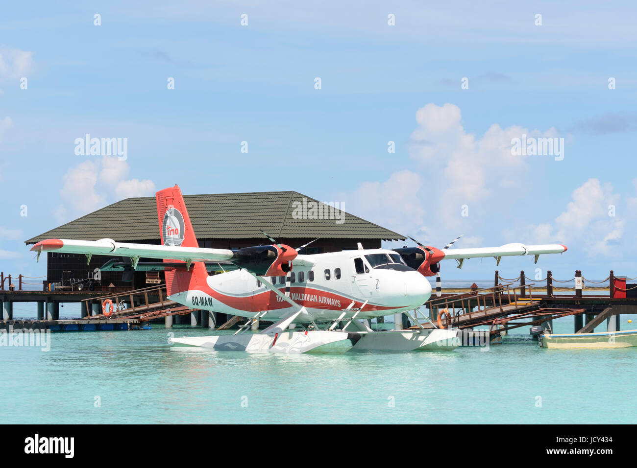 Trans Maldivian Airways DHC-6 Twin Otter seaplane aircraft at Meedhupparu Maldives Stock Photo