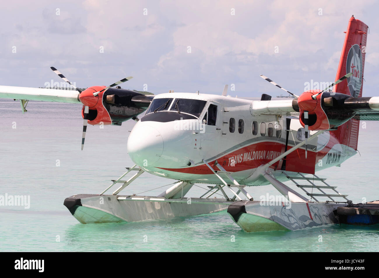 Trans Maldivian Airways DHC-6 Twin Otter seaplane aircraft at Meedhupparu Maldives Stock Photo