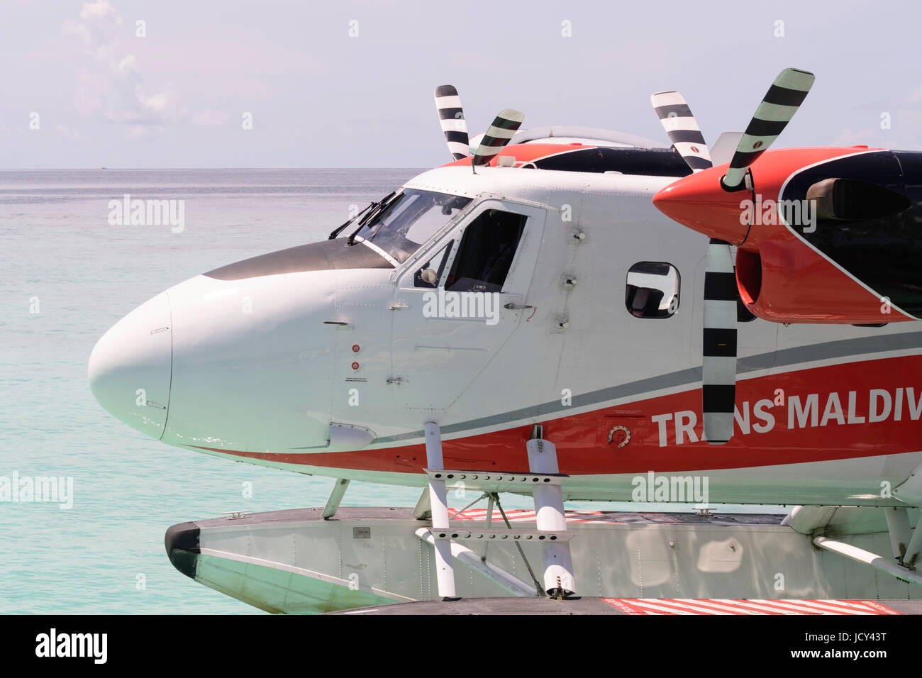 Trans Maldivian Airways DHC-6 Twin Otter seaplane aircraft at Meedhupparu Maldives Stock Photo