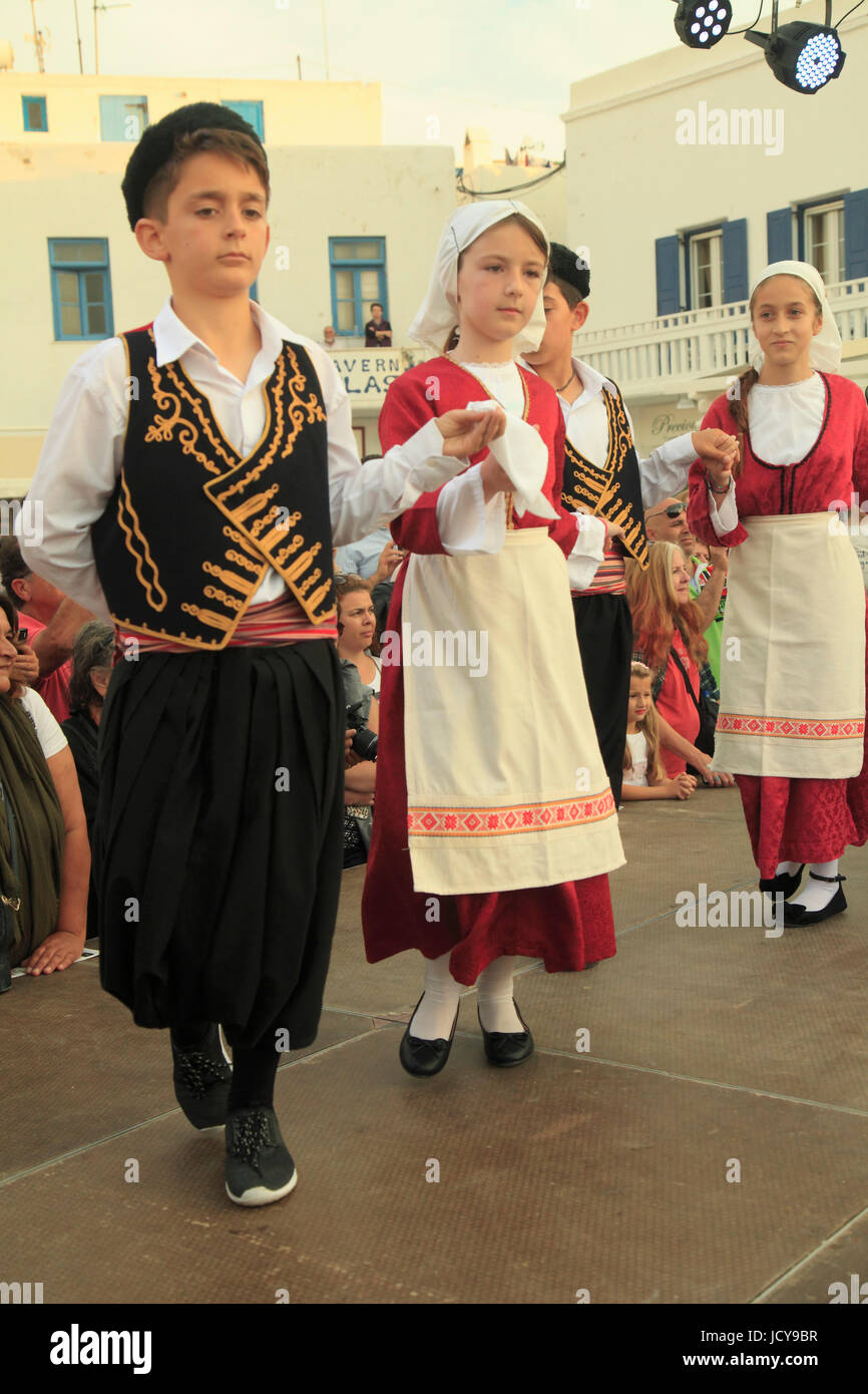 Greece, Cyclades, Mykonos, Saints Constantine and Eleni, celebration, festival, children, dancing, Stock Photo
