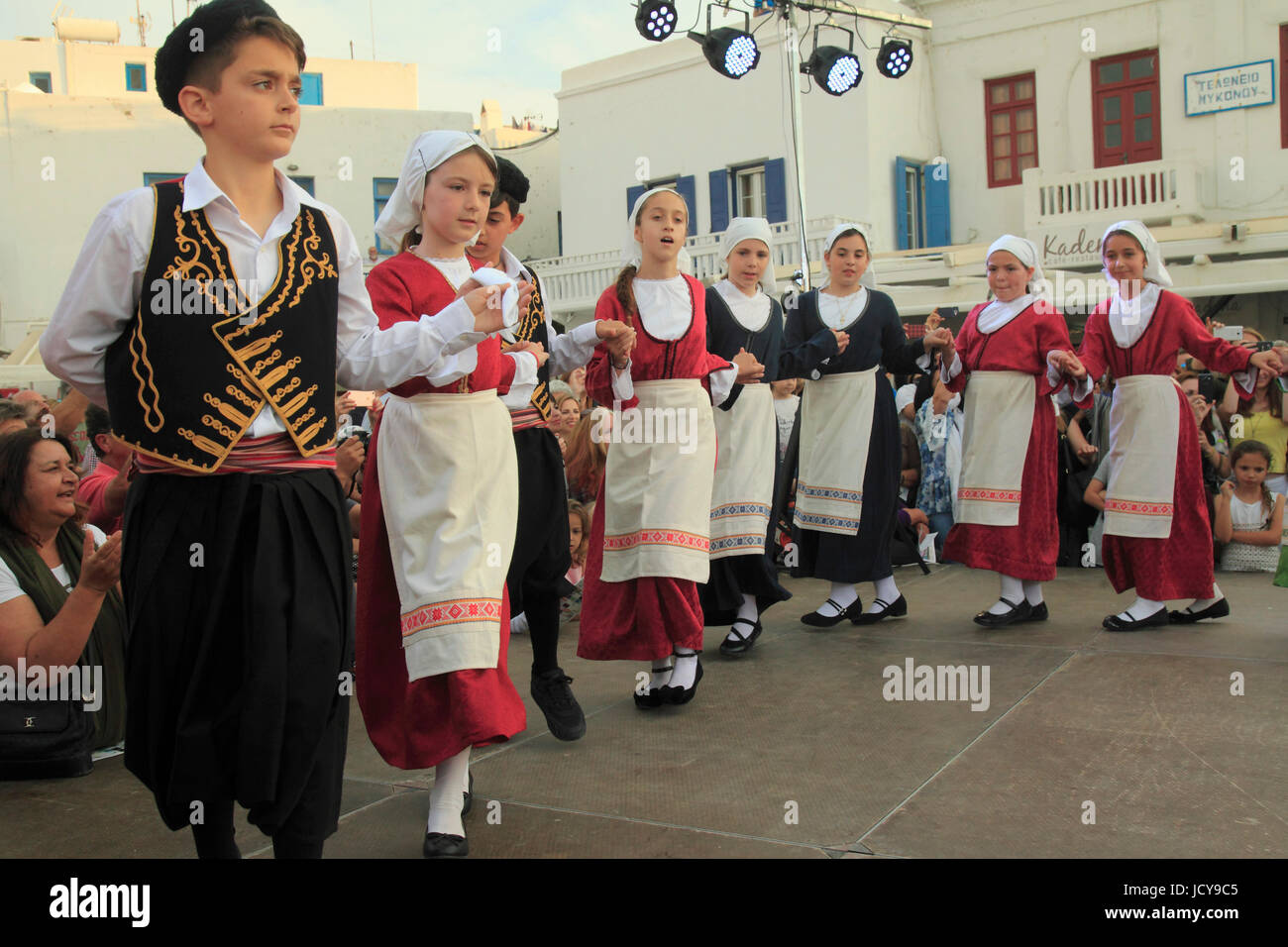 Greece, Cyclades, Mykonos, Saints Constantine and Eleni, celebration, festival, children, dancing, Stock Photo